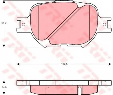 Комплект гальмівних колодок переднього., TOYOTA ALLION I, BREVIS, CALDINA, CELICA, COROLLA, COROLLA VERSO, MARK II IX, MARK X II, OPA, PREMIO 1.8-3.0 08.99- TRW GDB3316