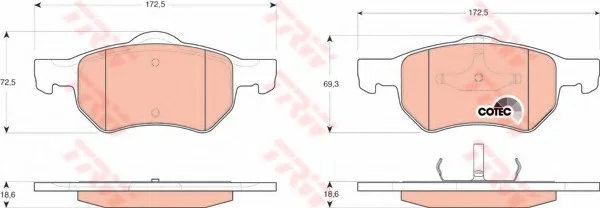 Комплект тормозных колодок переднего., CHRYSLER GRAND VOYAGER III, RAM VAN, VOYAGER III, VOYAGER IV DODGE CARAVAN 2.0-3.8 01.95-07.09 TRW GDB4128 (фото 1)