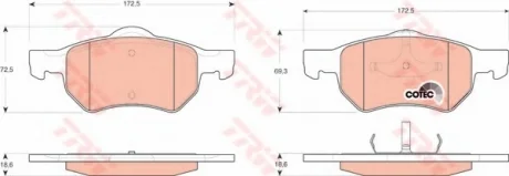 Комплект тормозных колодок переднего., CHRYSLER GRAND VOYAGER III, RAM VAN, VOYAGER III, VOYAGER IV DODGE CARAVAN 2.0-3.8 01.95-07.09 TRW GDB4128