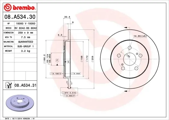Тормозной диск BREMBO 08A53431 (фото 1)