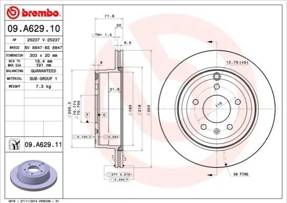 Тормозной диск BREMBO 09A62911 (фото 1)