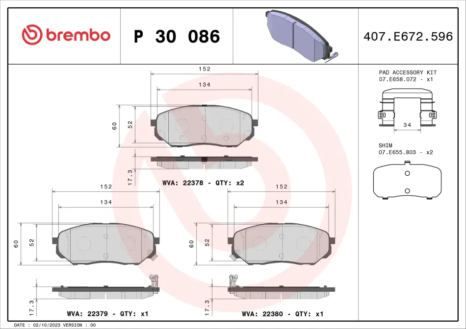 Колодки тормозные дисковые BREMBO P30086 (фото 1)