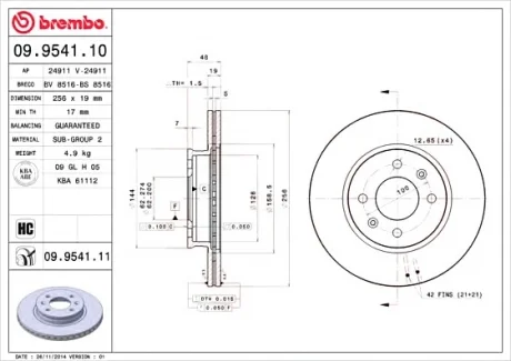 Тормозной диск пер. Getz 01- (256x48mm) BREMBO 09954111