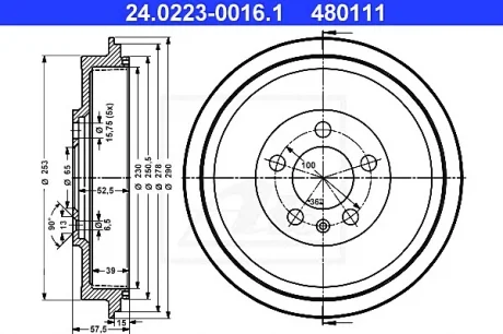 Гальмівний барабан задн SKODA OCTAVIA I, ROOMSTER, ROOMSTER PRAKTIK 1.2-1.9D 09.96-05.15 ATE 24022300161