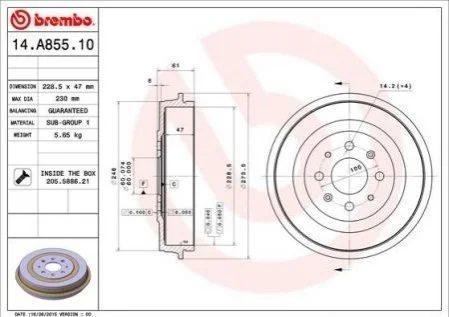 Гальмівний барабан Punto 09-/Corsa 06- (228,5x47mm) BREMBO 14A85510