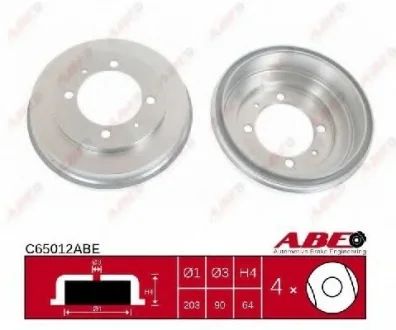 Тормозной барабан задний MITSUBISHI CARISMA, LANCER V, MIRAGE IV, SPACE STAR TOYOTA AVENSIS 1.3-1.9D 12.91-06.06 ABE C65012ABE