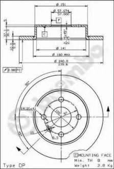 Тормозной диск зад. Astra 94-/Meriva A 03- (240x10) BREMBO 08762675