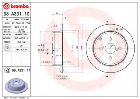 Тормозной диск BREMBO 08A33111 (фото 1)