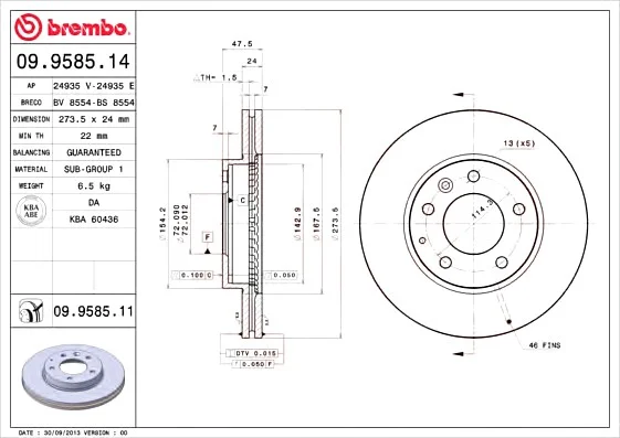 Гальмівний диск п./з. Mazda 6 02- (274x48mm) BREMBO 09958511 (фото 1)