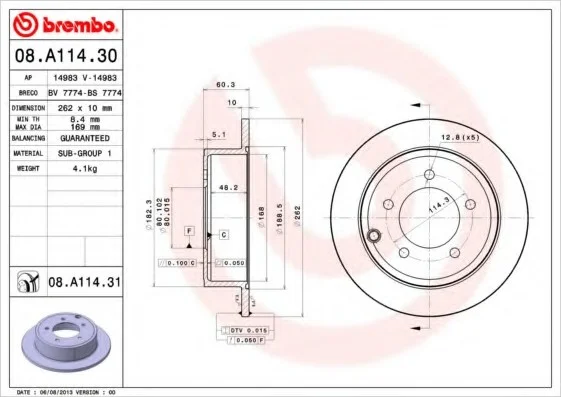 Гальмівний диск задн. Dodge Avenger/Caliber/Jeep Compass/Patriot 06- (262*10) BREMBO 08A11431 (фото 1)