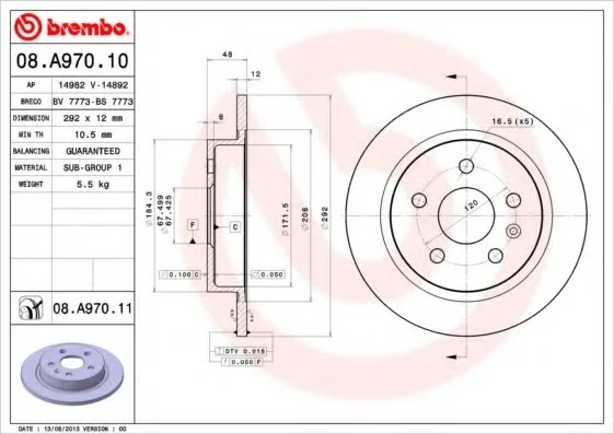 Гальмівний диск зад. Insignia (G09) 08- (292*12) BREMBO 08A97011 (фото 1)