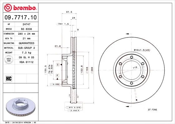 Тормозной диск пер. Movano A 98-/ Master A 97- (280x62mm) BREMBO 09771710 (фото 1)