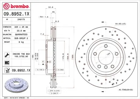 Тормозной диск пер. 3 (E46)/Z4 (E85/E86) (325х25) BREMBO 0989521X