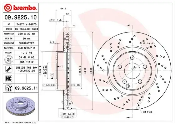Диск гальмівний передній, 330mm Mercedes E (W211) 02-09 BREMBO 09982511 (фото 1)