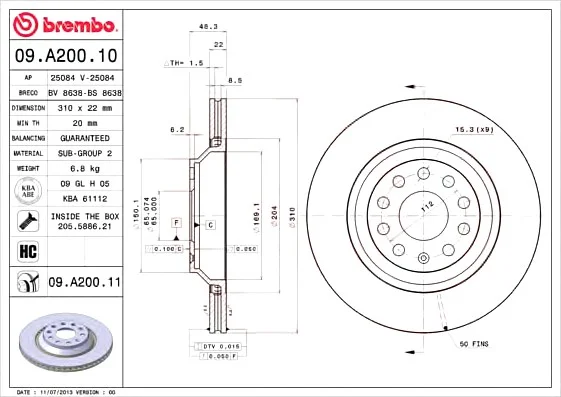 Диск гальмівний BREMBO 09A20011 (фото 1)