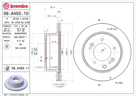Тормозной диск зад. Sorento 02-(315x88mm)(1шт/уп) BREMBO 09A45311