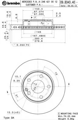 Тормозной диск BREMBO 09B34341 (фото 1)