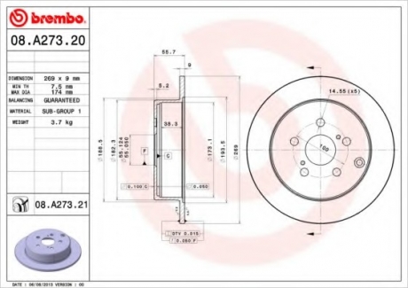 Тормозной диск BREMBO 08A27321 (фото 1)