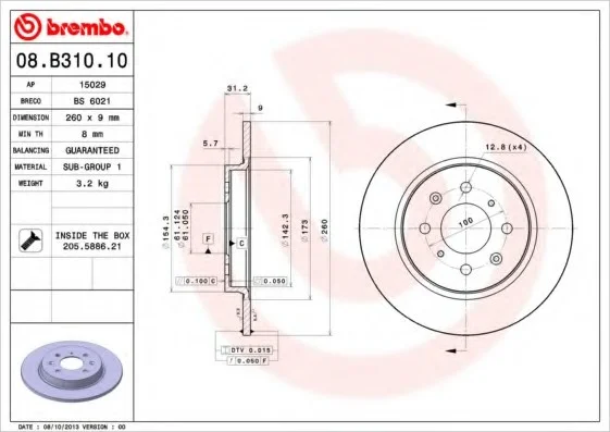 Диск тормозной BREMBO 08B31010 (фото 1)
