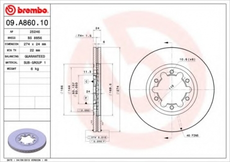 Тормозной диск BREMBO 09A86010 (фото 1)
