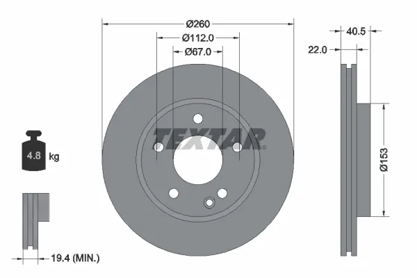 Диск тормозной MERCEDES A1(W168) "F D=260mm "97-"04 TEXTAR 92091303 (фото 1)