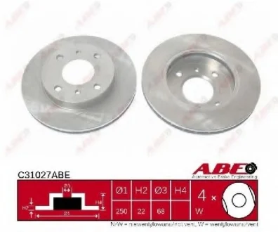 Диск гальмівний передн лів/прав NISSAN BLUEBIRD, CABSTAR, PRAIRIE 1.6-2.0D 01.82-11.92 ABE C31027ABE