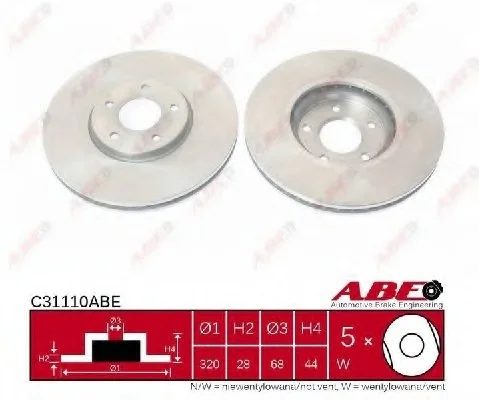 Диск тормозной передний лев/прав NISSAN JUKE, PULSAR, QASHQAI +2, QASHQAI I, SENTRA V, X-TRAIL II 1.6-2.0D 01.00- ABE C31110ABE (фото 1)