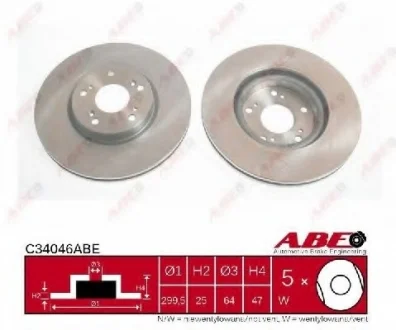 Диск тормозной передний лев/прав ACURA RSX HONDA ACCORD VI, ACCORD VII, CIVIC VII, CIVIC VIII, CIVIC X, CR-V II, CR-Z, FR-V, INTEGRA 1.5-3.0 03.97- ABE C34046ABE