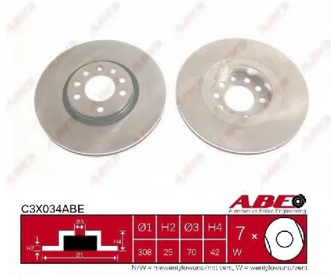 Диск гальмівний передн лів/прав OPEL ADAM, ASTRA G, ASTRA H, ASTRA H CLASSIC, ASTRA H GTC, CORSA D, CORSA E, MERIVA A, MERIVA B, VECTRA B, ZAFIRA A, ZAFIRA B SAAB 9-3, 9-5 1.0-3.0D 09.95- ABE C3X034ABE (фото 1)