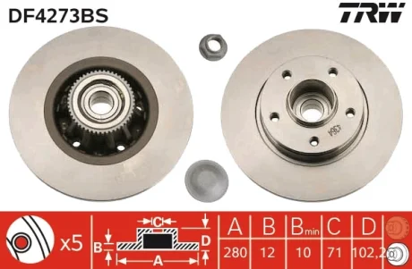 Диск гальмівний (1 шт.) з підшипником NISSAN/OPEL/RENAULT Primastar/Vivaro/Trafic "R "01>> TRW DF4273BS