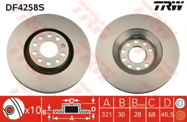Диск тормозной передний лев/прав AUDI A4 B5, A4 B6, A4 B7, A4 B8, A6 C5, ALLROAD C5 SEAT EXEO, EXEO ST 1.8-4.2 04.95-12.15 TRW DF4258S (фото 1)