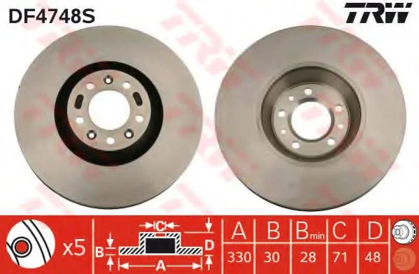 Диск гальмівний PEUGEOT 407/607 "F D=330mm "04-10 TRW DF4748S (фото 1)