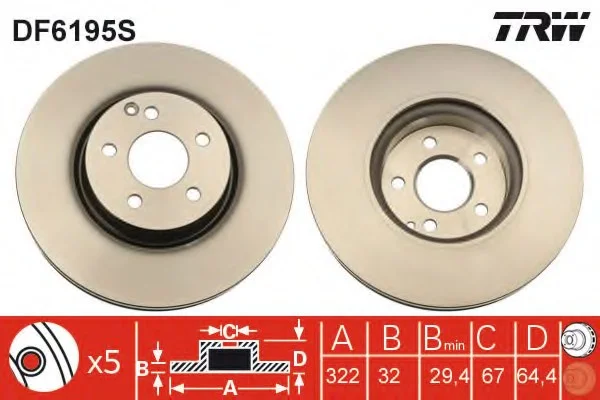 Диск гальмівний MERCEDES C(C204,W204)/E(A207,C207)/SLC(R172)/SLK(R172) "F D=322mm "07>> TRW DF6195S (фото 1)