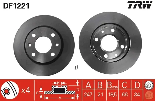 Диск тормозной передний лев/прав CITROEN AX, SAXO, XSARA, XSARA PICASSO, ZX PEUGEOT 106 I, 106 II, 205, 205 I, 205 II, 206, 206+, 306, 309 I, 309 II, 407 1.0-Electric 10.85- TRW DF1221 (фото 1)