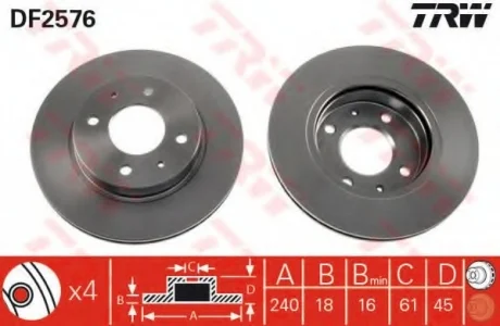 Диск гальмівний передн лів/прав NISSAN 100NX, SUNNY I, SUNNY II, SUNNY III 1.4-2.0D 03.82-03.00 TRW DF2576