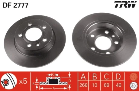 Диск гальмівний задн лів/прав FORD GALAXY I, GALAXY MK I SEAT ALHAMBRA VW SHARAN 1.8-2.8 03.95-03.10 TRW DF2777