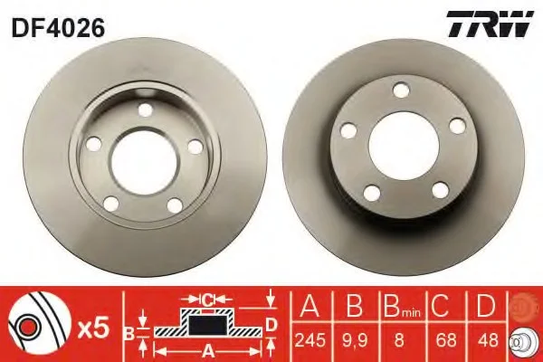 Диск тормозной (1 шт.).) AUDI - VOLKSWAGEN A4 Quattro/S4 Quattro/Passat/Passat Estate/V TRW DF4026 (фото 1)