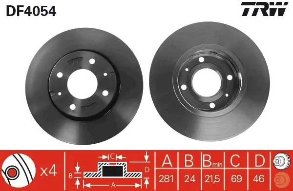 Диск тормозной передний лев/прав VOLVO S40 I, S40 II, V40 MITSUBISHI CARISMA 1.3-2.0D 05.95-12.10 TRW DF4054 (фото 1)