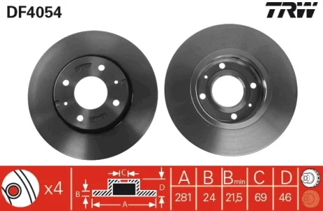 Диск тормозной передний лев/прав VOLVO S40 I, S40 II, V40 MITSUBISHI CARISMA 1.3-2.0D 05.95-12.10 TRW DF4054
