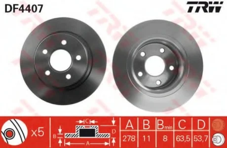 Диск гальмівний задн лів/прав FORD TOURNEO CONNECT, TRANSIT CONNECT 1.8/1.8D/1.8LPG 06.02-12.13 TRW DF4407