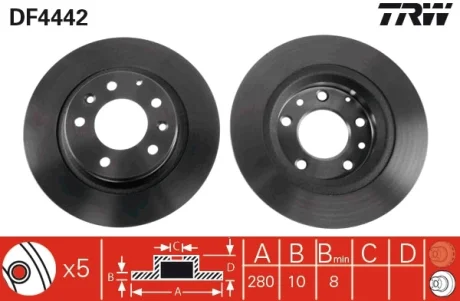 Диск тормозной задний лев/прав MAZDA 323 F VI, 323 S VI, 6, 626 V, MX-5 III, PREMACY 1.4-2.5 02.98-12.16 TRW DF4442
