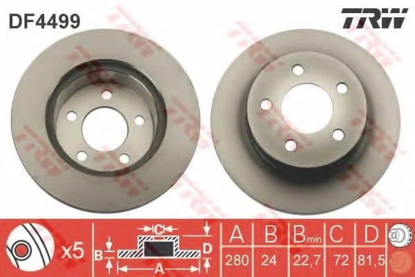 Диск гальмівний передн лів/прав FIAT DUCATO JEEP CHEROKEE, COMANCHE, GRAND CHEROKEE I, WRANGLER I, WRANGLER II 2.1D-5.9 10.84-04.07 TRW DF4499 (фото 1)