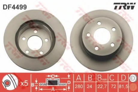 Диск гальмівний передн лів/прав FIAT DUCATO JEEP CHEROKEE, COMANCHE, GRAND CHEROKEE I, WRANGLER I, WRANGLER II 2.1D-5.9 10.84-04.07 TRW DF4499