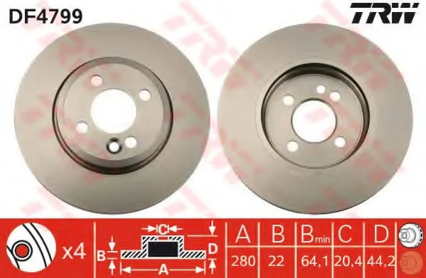 Диск тормозной (1 шт.).) MINI Cabrio/Clubman/Roadster "F D=280mm "06-15 TRW DF4799 (фото 1)