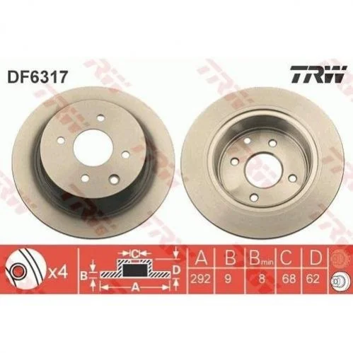 Диск гальмівний (1 шт.).) NISSAN Cube/Tiida "R D=292mm "07>> TRW DF6317 (фото 1)