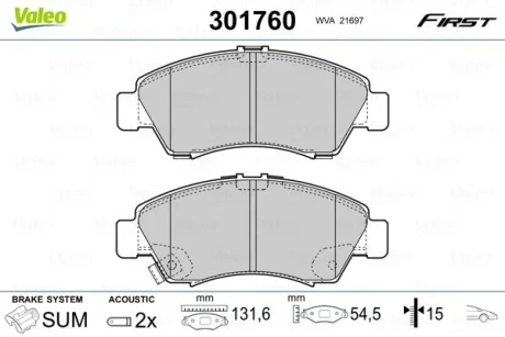 Гальмівні колодки дискові HONDA Civic/Jazz/Logo "1,2-1,6 "F "91-08 Valeo 301760