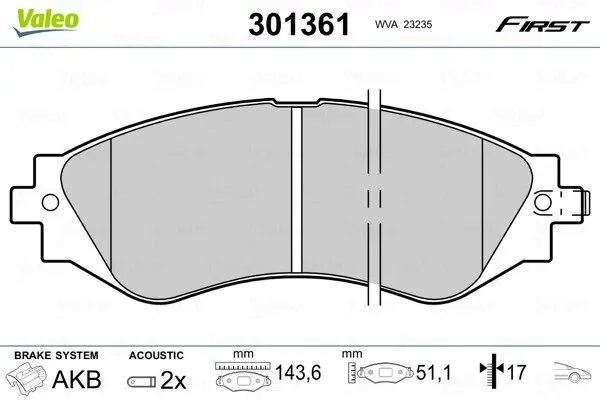 Колодки тормозные дисковые, комплект Valeo 301361 (фото 1)