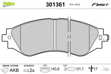 Колодки тормозные дисковые, комплект Valeo 301361