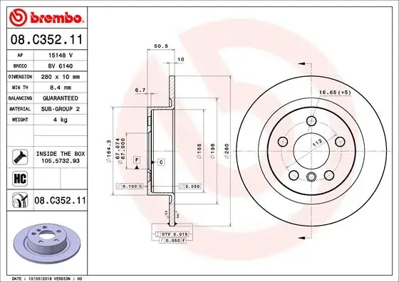 Гальмівний диск зад. BMW i3 13- BREMBO 08.C352.11 (фото 1)