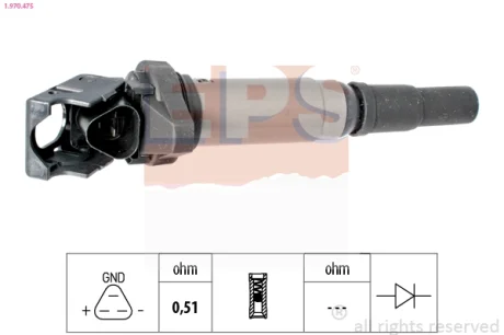 Котушка запалювання BMW 3 (E90) 323i/330i /5 (E60, F10)/7 (F01,F02,F03)/X5 (E70)/Peugeot 207, 308, 508 EPS 1970475